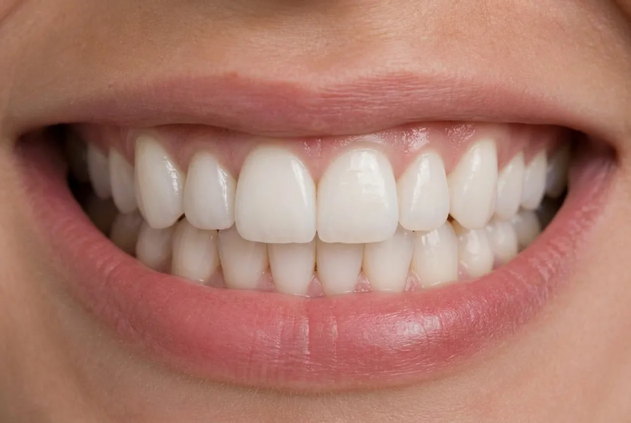 The same patient's teeth after Invisalign and whitening, showing an aligned, lighter smile